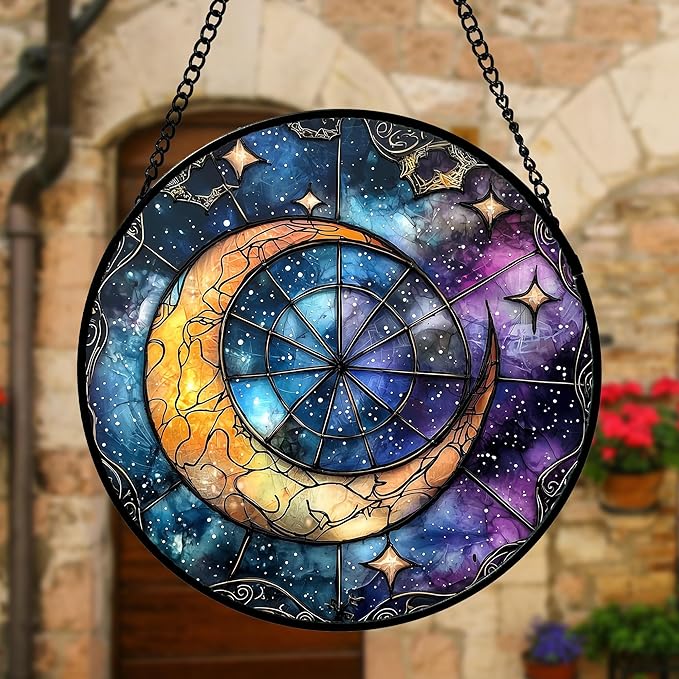DASTOLL Stained Glass Window Hanging, Blue Starry Sky Moon Astrolabe Suncatcher for Doors Home Sun Catchers Decoration and Christmas, Mother's Day Birthday Gifts for Women, Men, and Mom 7.8 in