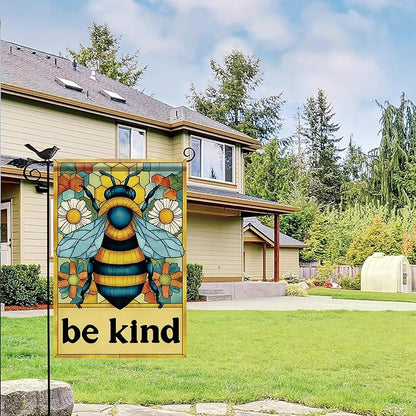 Spring Summer Garden Flag 12x18 Inch Be Kind Bee Stained Glass Floral Art Design Outdoor Yard Porch Lawn Garden for Seasonal Farmhouse Cottage Home Decor