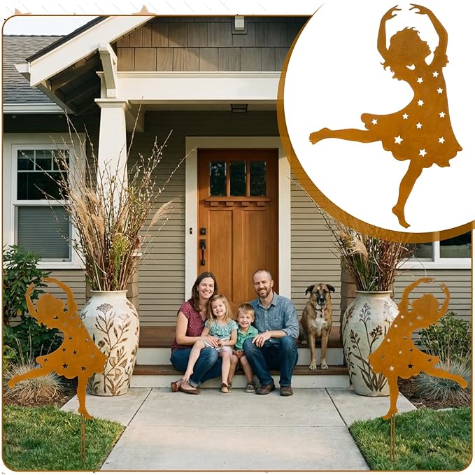 Therwen Rusty Metal Girl Dancer Garden Stake 24'' H Rusty Fairy Sculpture Yard Stake Large Whimsical Dancing Girl Silhouette for Lawn Garden Yard Patio Outdoor Primitive Decor