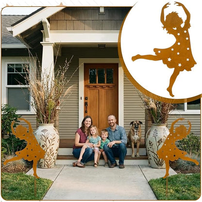 Therwen Rusty Metal Girl Dancer Garden Stake 24'' H Rusty Fairy Sculpture Yard Stake Large Whimsical Dancing Girl Silhouette for Lawn Garden Yard Patio Outdoor Primitive Decor
