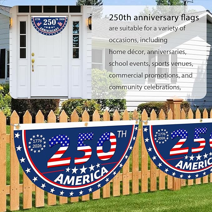 2PCS USA Anniversary 250th Flag, 1.5X3 FT Anniversary Fan Flags, Yard Signs Hanging Decor for Outdoor, Front Door, Porch, Welcome Backdrop with Brass Grommets (Style 5)