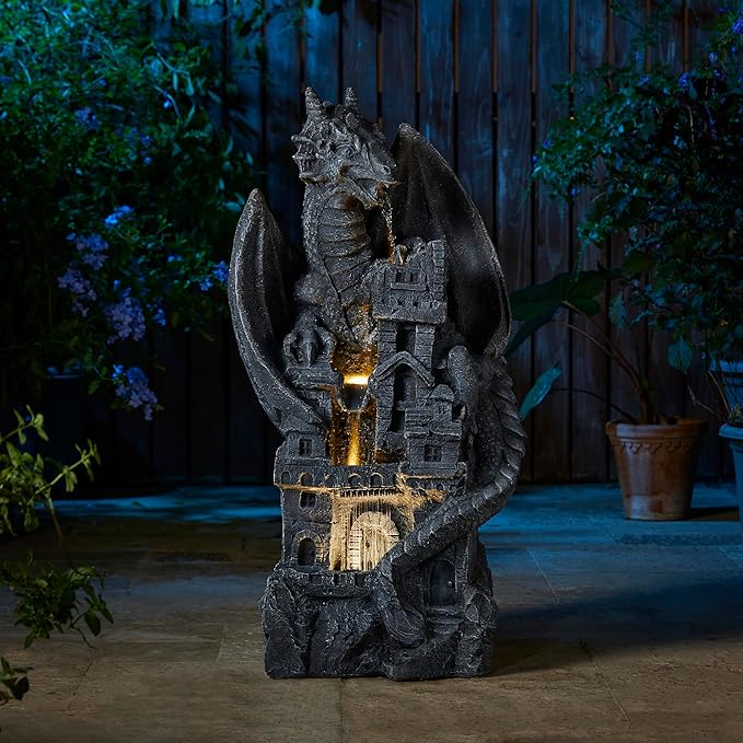 Glitzhome 37" H Mystical Gothic Dragon Perched ATOP The Castle Sculptural, Polyresin Garden Dragon Outoor Statues 4 Tier Waterfalls Floor Fountain with LED Dragon Figurine for Backyard Patio Decor
