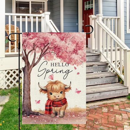 DLZDN Hello Spring Highland Cow Garden Flag Cherry Blossom Floral Butterfly Flag 12×18 Inch Double Side Vertical Burlap Farmhouse Yard Flag Seasonal Outdoor House Decoration