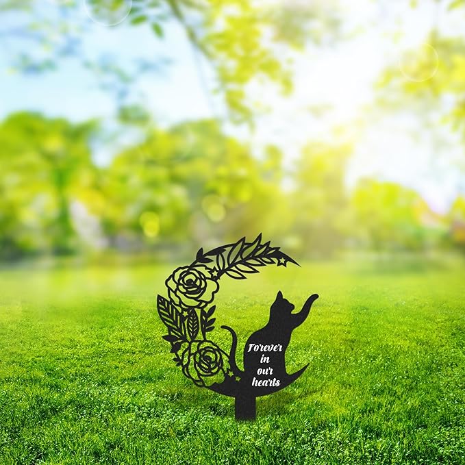 Rngmsi Pet Grave Markers Cat, Metal Memorial Plaques for Outdoors Garden Yard, Pet Grave Marker Decor Gifts Graveyard Remembrance Graveside Burial Stake for Pet Owner