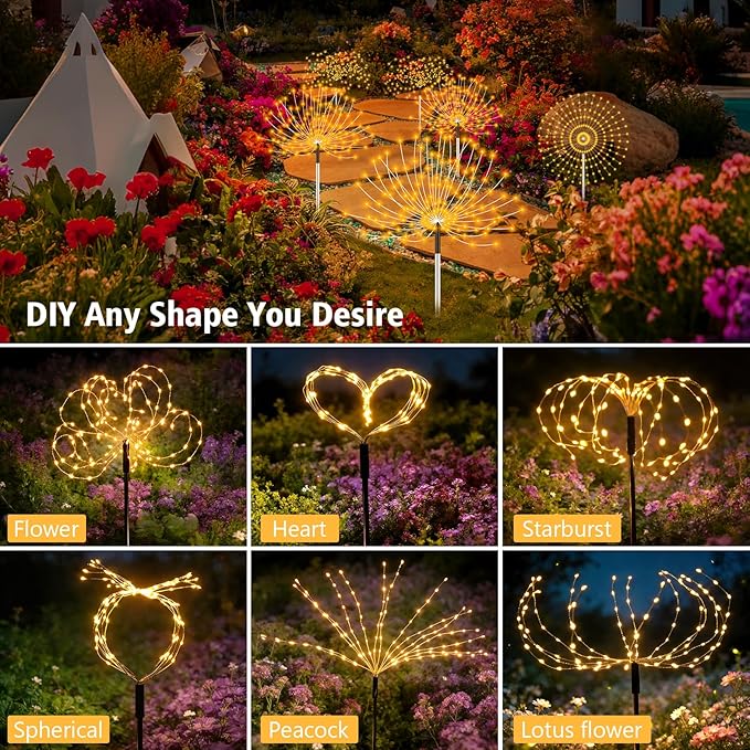 echosari Solar Garden Lights Outdoor, Total 6 Pack 720 LED Firework Lights with Auto On/Off 8 Modes IP65 Waterproof Landscape Light for Outdoor Yard Pathway Garden Decor (Warm White)
