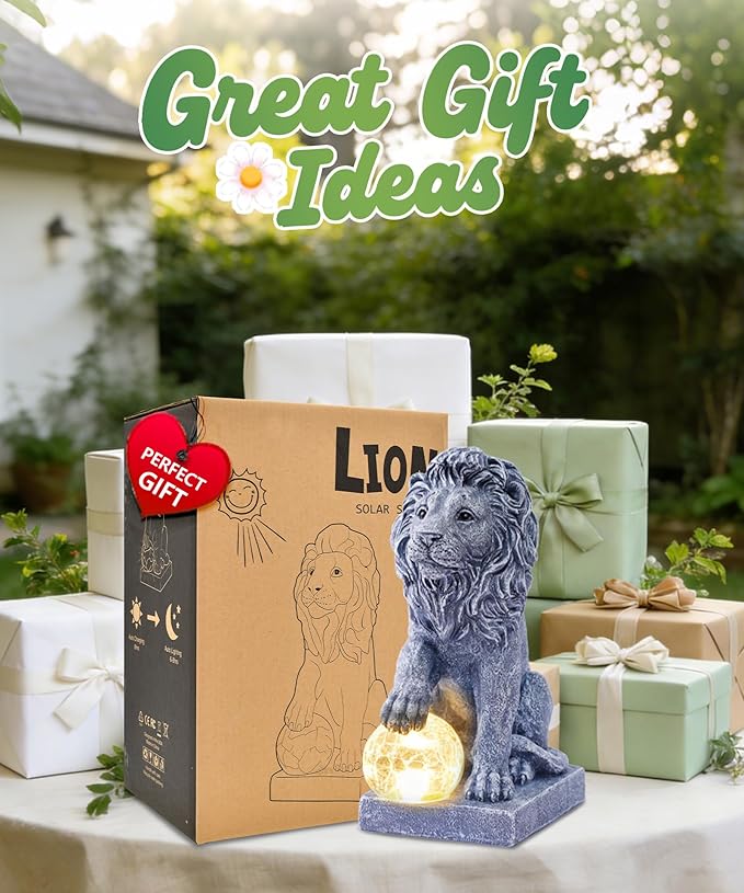 Nacome Guardian Lion Garden Decor: Outdoor Decoration Statue with Ball Lights for Yard Art Porch Patio Balcony - Unique Birthday Choice for Women Mom Lover(9.45in)
