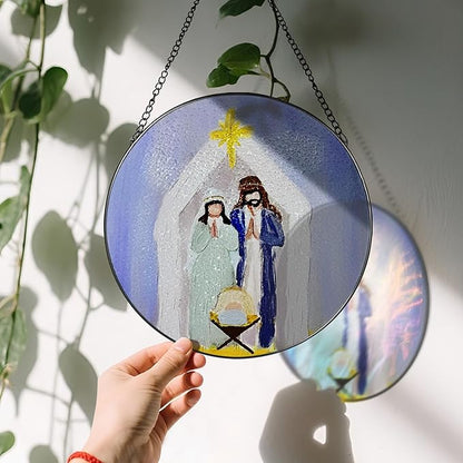 8 Inches Stained Glass Window Hanging, Nativity Scene Ornament, Jesus Birth Christmas Ornament, Holy Family Decor, Christian Holiday Decor, Christian Gift, Religious Gift, Gifts for Christmas