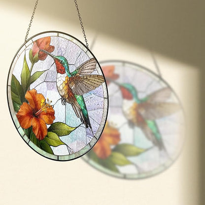 7.8" Green Hummingbird Stained Glass Suncatchers Art Glass Bird and Flowers for Sun Catcher Indoor Window Gift for Pet Animal Nature Floral Lovers Women Mom Friend Painted Panel Décor BIRD-01B-SG8