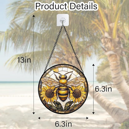 DASTOLL Stained Glass Window Hanging - Bee Sunflower Yellow Suncatcher Ready to Hang Window Doors Home Decoration and Christmas, Mother's Day Birthday Gifts for Women, Men, and Mom 7.8x7.8 in