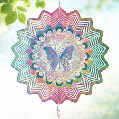 Hanging Wind Spinner 12 Inch, Butterfly 3D Stainless Steel Wind Spinner with Tail, Garden Yard Patio Decor, Indoor Window Wall Art for Meditation, Mindfulness, Breathwork, Calming Gift