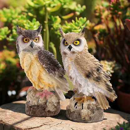 DEAYOU 2 Pack Fake Horned Owl Statues, 7" Tall Small Resin Owl Sculpture, Artificial Owl Figurines for Garden, Vivid Faux Outdoor Owls for Ornament, Yard, Indoor Decor, Home (White, Black)