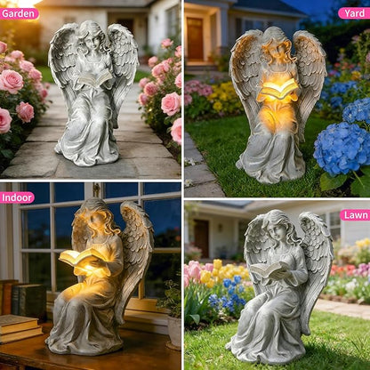 Solar Garden Outdoor Angel Book Statues,Book Lovers for Balcony Patio Lawn Table Yard Ornaments, Solar Resin Fairy Waterproof LED Lights,Birthday Gifts for Women Mom Grandma
