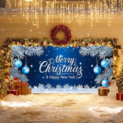 IVN Christmas Garage Door Cover Decoration 13x6ft Blue Night Snowflakes Silver Ornaments Pine Branches Merry Christmas Winter Garage Door Banner Home Door Front Yard Decor for Xmas Eve Holiday Outdoor
