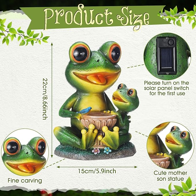 Roowest Solar Garden Statue Frog with Bird Bath, Mother & Child Frog Outdoor Decor with LED Light, Waterproof Resin Yard Ornament, Cute Frogs Gift for Mom Grandma Women, Patio Lawn Balcony Decoration