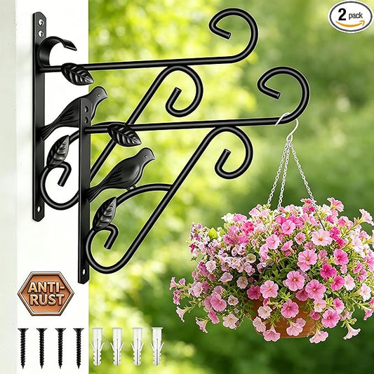 AMAGABELI GARDEN & HOME 2 Pack Hanging Plant Hanger Outdoor 10 inch Metal Hanging Brackets Fence Wall Hooks for Flower Baskets Bird Feeders Lanterns Wind Chimes Rust-Resistant Black