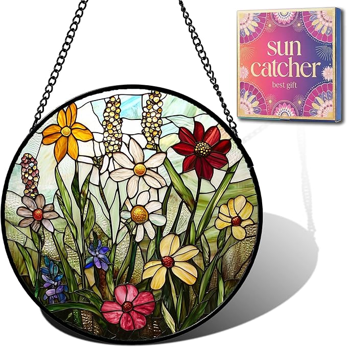 Birthday Gifts for Women - Wildflowers Faux Stained Glass Window Hanging Sun Catcher for Door Garden Acrylic Decor Mother's Day Christmas for Mom Nana Grandma Sisters Wife 7.8"