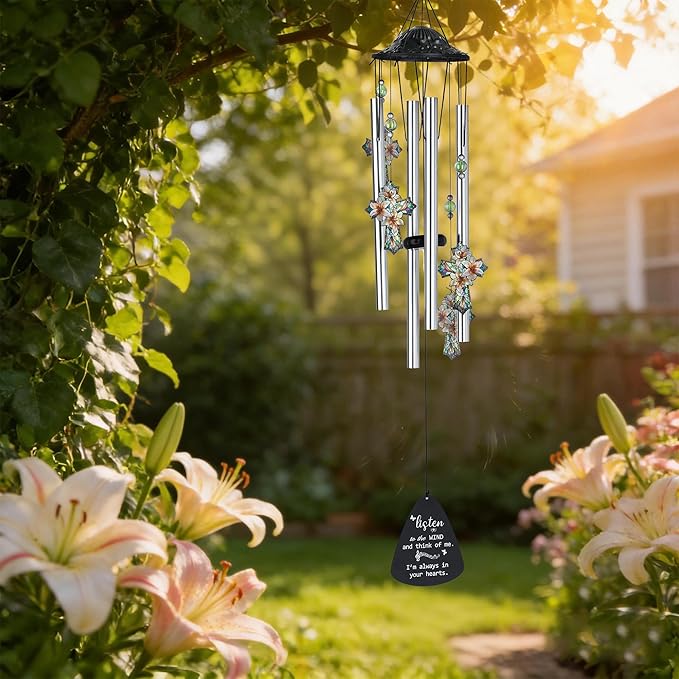 HDCRYSTALGIFTS 34'' Christian Gifts for Women Men, Memorial Wind Chimes for Outside, Religious Christian Sympathy Gifts for Loss of Loved One Mom Dad Friends Home Garden Decor (Cross)