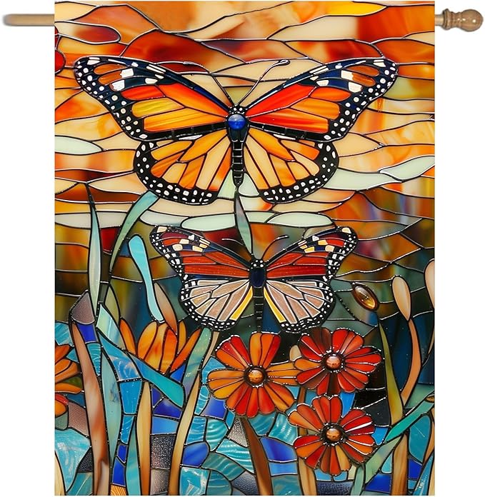 Monarch Butterfly Garden Flags for Outside Fall House Flag 28x40 Double Sided Large Stained Glass Floral Yard Flag Spring Summer Decorative Flags Seasonal Lawn Flags Rustic Outdoor Decor