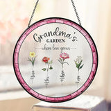 Personalized Grandma’s Garden Stained Glass Window Hanging Ornament, Custom Birth Month Flowers with Kids’ Names, Grandma Love Grows Here Floral Decoration, for Mom Grandma