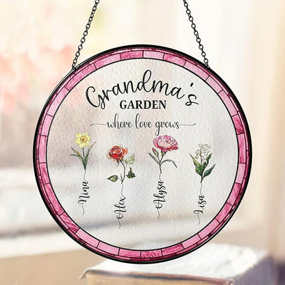 Personalized Grandma’s Garden Stained Glass Window Hanging Ornament, Custom Birth Month Flowers with Kids’ Names, Grandma Love Grows Here Floral Decoration, for Mom Grandma