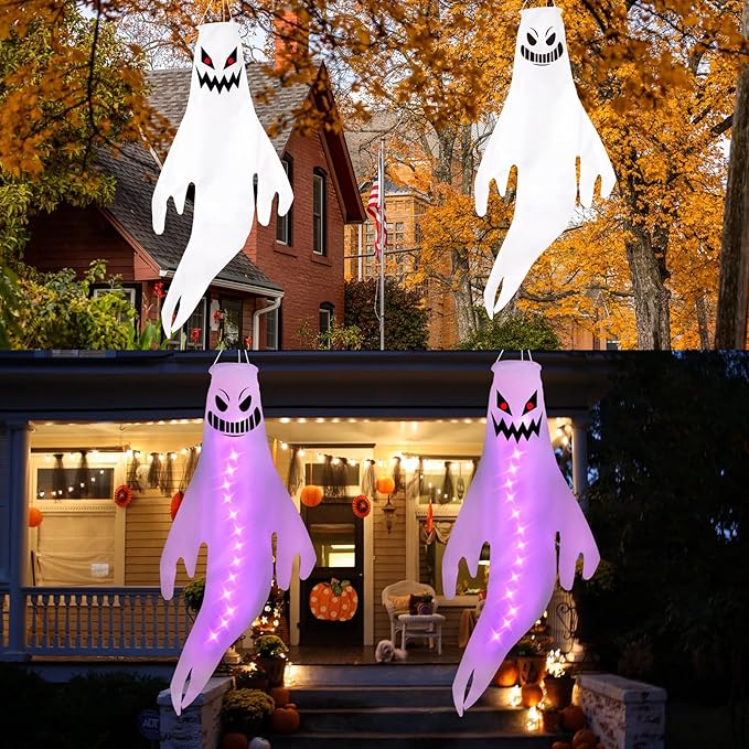 Geefuun 2PCS Purple Halloween Fierce Ghost Windsocks Hanging Decorations -43 Inch Flag Wind Socks for Home Yard Outdoor Decor Party Supplies (Batteries Not Included,No Timer)