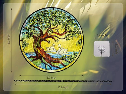 Stained Glass Window Hangings, Tree of Life with Hummingbird Suncatchers for Window, Treasured Gift for Mom, Grandma, Family and Friends (Tree of Life with Geese, 6.7x6.7 in)
