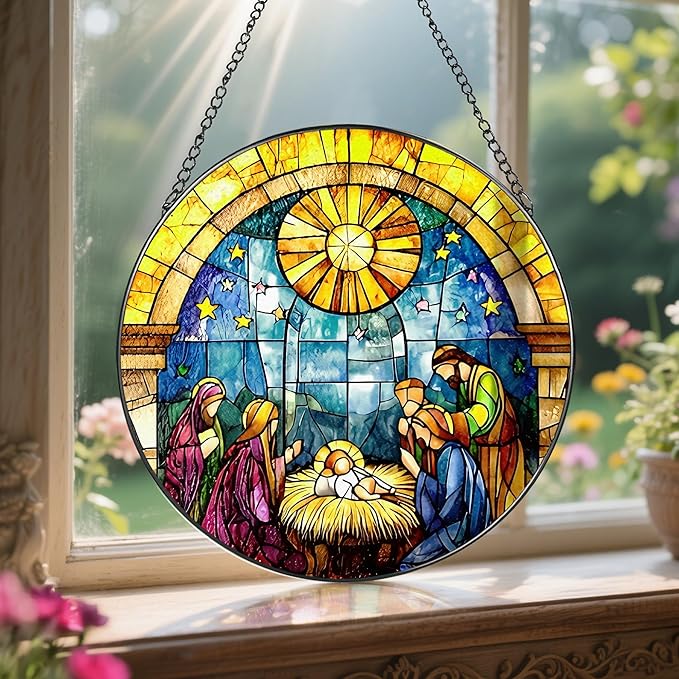 8'' Stained Glass Window Hanging, Nativity Scene Ornament, Christian Christmas Ornament, Holy Family Decoration, Religious Decor, Gift for Christmas, Religious Gifts, Christian Gifts