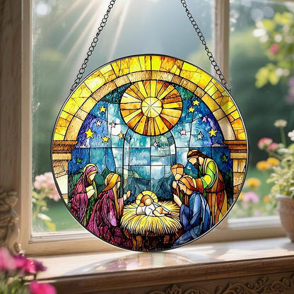 8'' Stained Glass Window Hanging, Nativity Scene Ornament, Christian Christmas Ornament, Holy Family Decoration, Religious Decor, Gift for Christmas, Religious Gifts, Christian Gifts