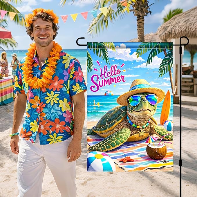 BlissYard Hello Summer Sea Turtle Garden Flag 12x18 Double Sided Vertical Outdoor Decor Beach Ocean Tropical Yard Garden Lawn Patio Welcome Banner