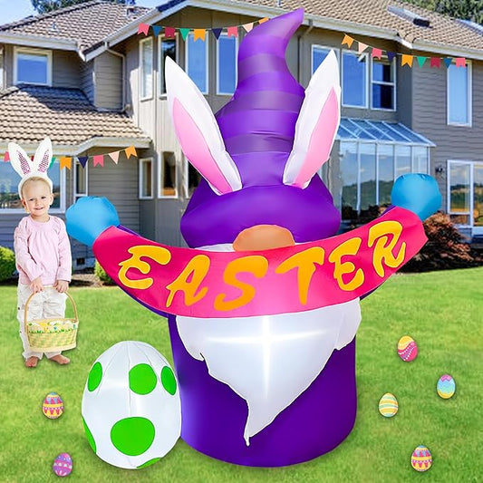 4FT Easter Inflatables Outdoor Decoration Purple Gnome, LED Lighted Inflatables Gnome for Home Yard Lawn Garden Easter Blow up Yard Decorations