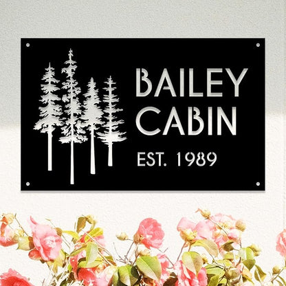 Personalized Metal Cabin Wall Art, Custom Pine Tree Metal Sign, Last Name Sign for Outdoor, Farmhouse Decor, Forest Design Family Name Sign, Mountain House Sign, Over Fireplace Art, Housewarming Gift