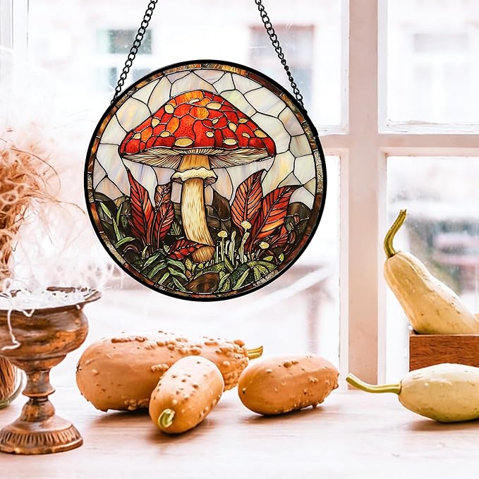 DASTOLL Stained Glass Window Hanging, Big Red Mushroom Suncatcher for Doors Home Sun Catchers Decoration and Christmas, Mother's Day Birthday Gifts for Women, Men, and Mom 11.8x11.8 in