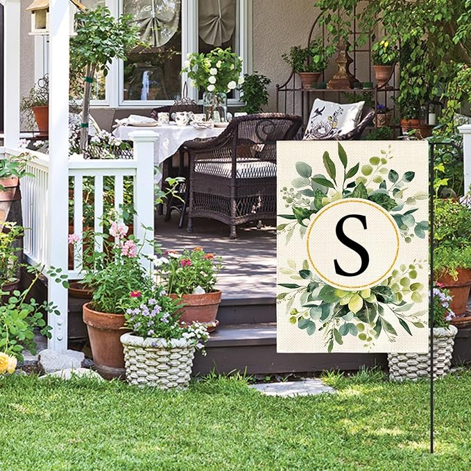 AVOIN colorlife Monogram Letter S Floral Garden Flag 12x18 Inch Double Sided Outside, Family Last Name Initial Yard Outdoor Decoration