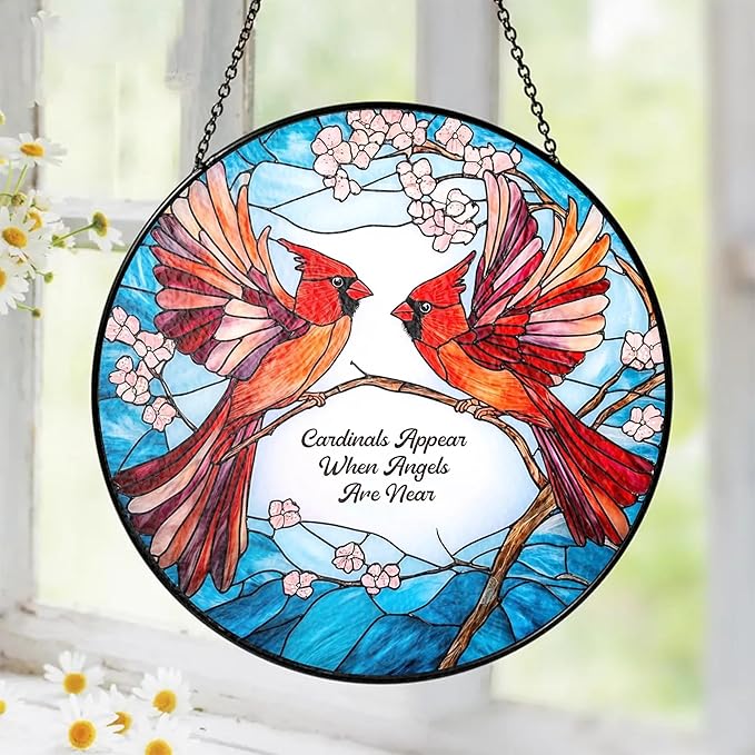 Cardinal Suncatcher Stained Glass Window Hanging Decor Cardinal Remembrance Gifts Cardinals Memorial Gifts for Loss of Loved One, Women Grandma Mom, Mothers Day Birthday for Bird Lovers