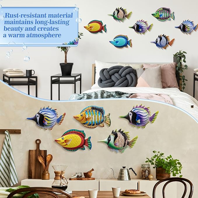 Tandefio 8 Pcs Metal Wall Decor Wall Art Hanging Decorations Outdoor Indoor Sculptures for Garden Fence Pool Home Porch(Fish)