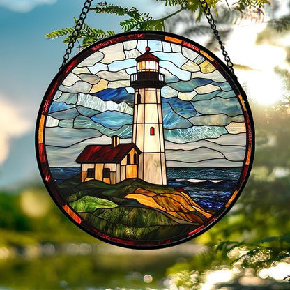 DASTOLL Stained Glass Window Hanging, Ocean Lighthouse Sun Catchers Glass Panel Blue Green Suncatcher Decor for Birthday for Women, Men, Wife, Aunt, and Mom 14.9x14.9 in