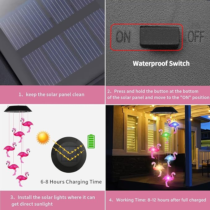 Solar Wind Chimes Flamingo,Birthday Gifts for Mom Grandma Dad, IP65 Waterproof Memorial with 7 Color Changing LED Lights, Outdoor Decor Garden Yard Decorations