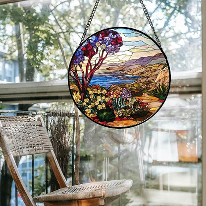 Stained Glass Window Hanging Retro Wildflowers Lake Mountain Scenery Large 11.8" - Suncatcher Door Garden Sun Catcher Home Decor Birthday Christmas for Mom Men Woman Friend