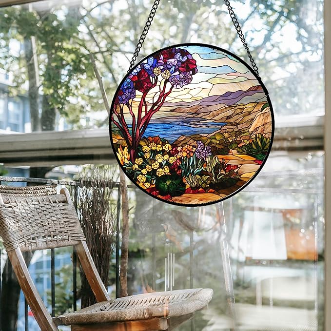 Stained Glass Window Hanging Retro Wildflowers Lake Mountain Scenery Large 15" - Suncatcher Door Garden Sun Catcher Home Decor Birthday Christmas for Mom Men Woman Friend