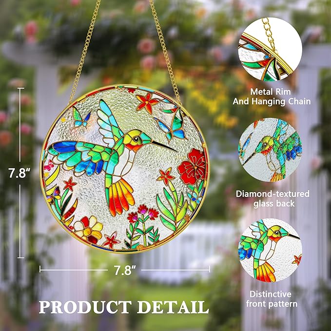 LITIVY Stained Glass Suncatcher Spring Flowers & Hummingbird, 8 Inch Handmade Multi-Color Window Hanging Decor for Garden, Sun Catcher Home Decor for Women