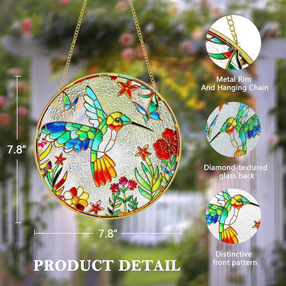 LITIVY Stained Glass Suncatcher Spring Flowers & Hummingbird, 8 Inch Handmade Multi-Color Window Hanging Decor for Garden, Sun Catcher Home Decor for Women