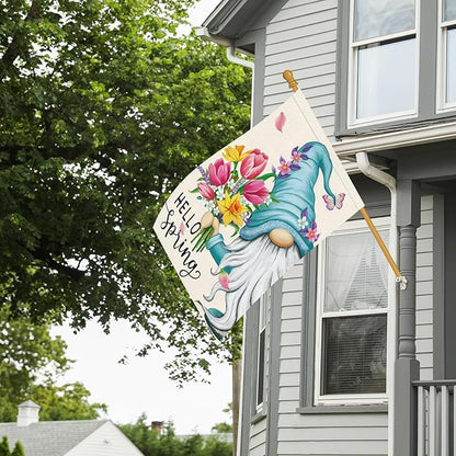 Hello Spring Gnome Garden Flag 28x40 Double Sided Burlap Butterfly Floral Yard Banner for Summer Rustic Seasonal Outside Outdoor House Decoration (ONLY FLAG)