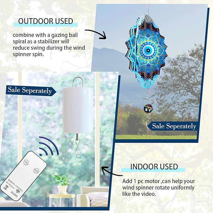 Aoedelyart Wind Spinners Outdoor Mandala Peacock Blue Eye‌,12In Stainless Steel Wind Spinner Hanging Garden Decor,Garden Gifts for Women,Men,Mother,Father,Wind Sculptures 3D Kinetic Yard Art Ornament