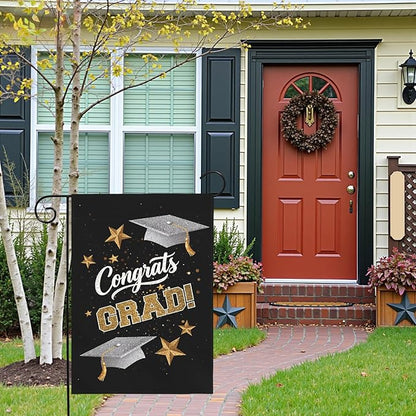 Congrats Grad Garden Flag Graduation Yard Flags Class of 2025 College Graduations Double Sided Graduational Cap Stars Black Gold House Banner for Lawn Porch Patio Yard Party Decor 12 x18 Inch