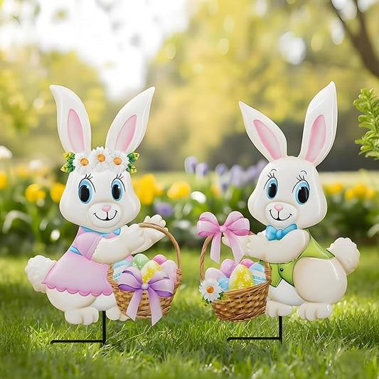 2PCS Spring Rabbit Metal Yard Decorations Stakes, Grandmas Garden Easter Holiday Yard Decoration Outdoor Stakes, Memorial Personalized Unique Garden Gifts Women for Grandma Statue