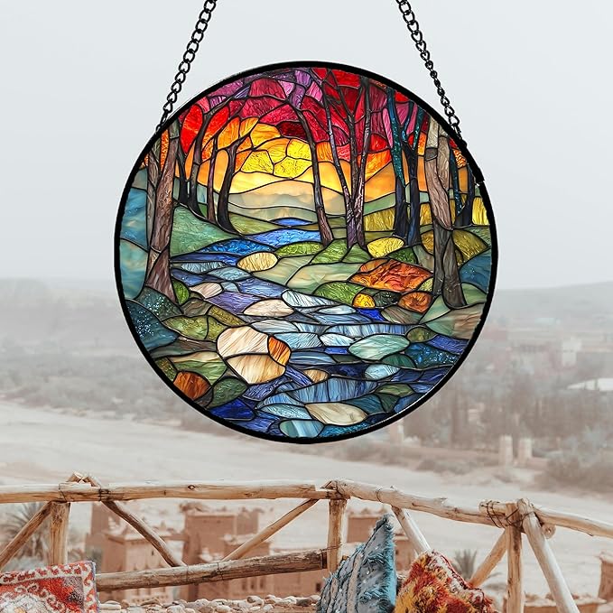 Stained Glass Window Hanging, Red Tree Abstract Sunset Lake Sun Catcher for Window Home Decor Landscape Suncatcher Mother's Day Birthday Gifts for Women Men Mom and Nana 7.8 in