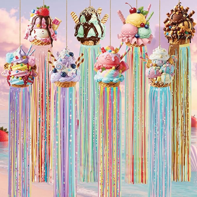 Affrolling 8 Pcs Ice Cream Party Decorations Summer Ice Cream Birthday Party Hanging Decoration with Tassels for Summer Baby Shower Wedding Backdrop Decor Supplies 3.3 ft Outdoor Banner Sign Decor