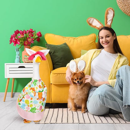 FuWeave Easter Bunny Goose Outfit Easter Egg Porch Goose Costume for Cement Plastic Geese Statue Spring Outdoor Garden Yard Patio Decoration(Pink White,23 Inches,Carrot)