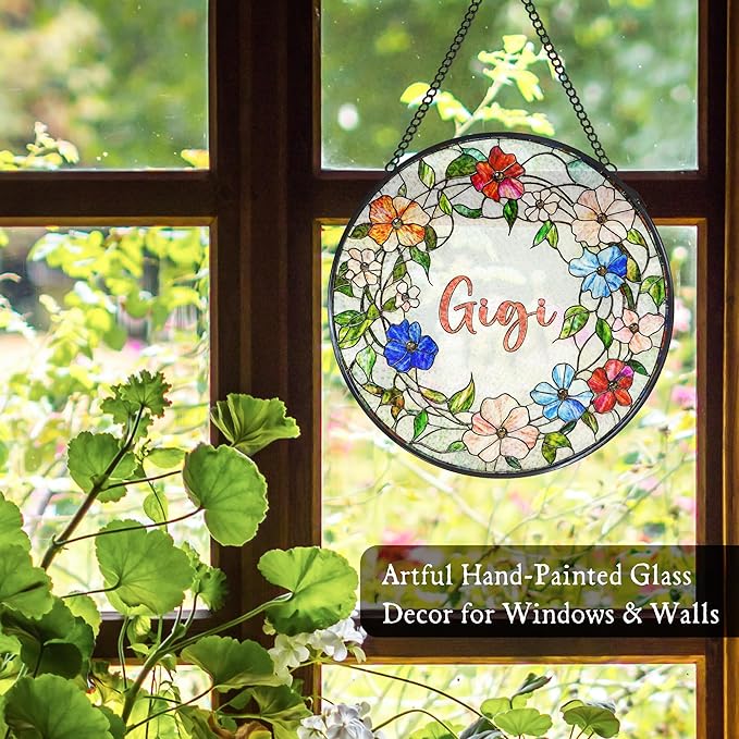 Gigi Floral Stained Glass Window Hanging Suncatcher for Grandma, Grandma's Garden Sun Catcher Window Wall Hanging Decor, Gigi Gifts for for Mothers Day Christmas Birthday, 7.8 x 7.8 in