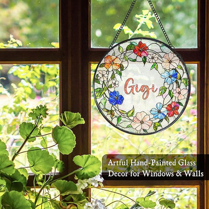 Gigi Floral Stained Glass Window Hanging Suncatcher for Grandma, Grandma's Garden Sun Catcher Window Wall Hanging Decor, Gigi Gifts for for Mothers Day Christmas Birthday, 7.8 x 7.8 in